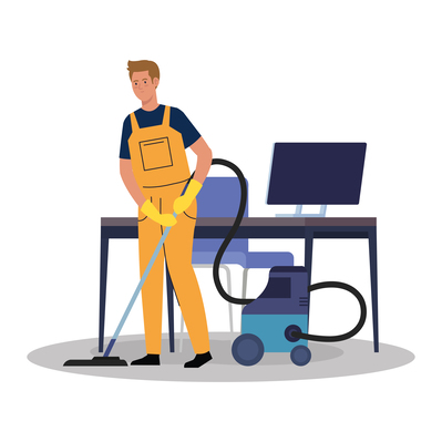 man worker of cleaning service with vacuum cleaner in the office, on white background man providing janitorial services in south bend