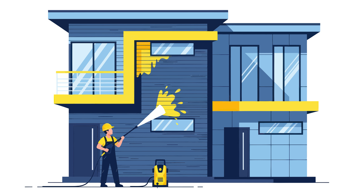 House washing with pressure washer, exterior cleaning service concept South Bend man power washing a house