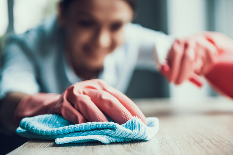Young Smiling Woman in Gloves Cleaning House lady cleaning a business in michiana